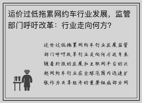 运价过低拖累网约车行业发展，监管部门呼吁改革：行业走向何方？