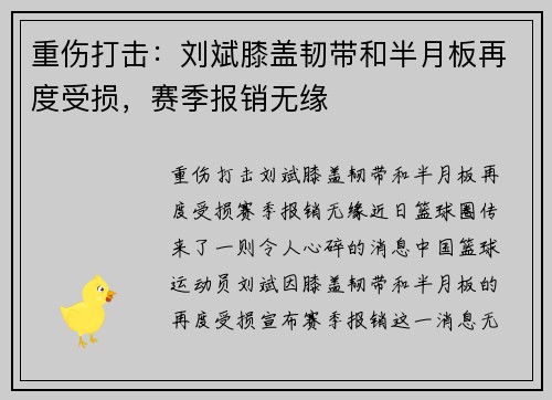 重伤打击：刘斌膝盖韧带和半月板再度受损，赛季报销无缘