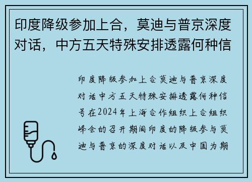 印度降级参加上合，莫迪与普京深度对话，中方五天特殊安排透露何种信号