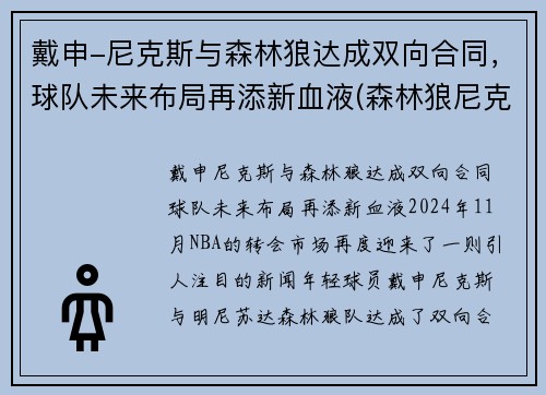 戴申-尼克斯与森林狼达成双向合同，球队未来布局再添新血液(森林狼尼克斯常规赛视频)