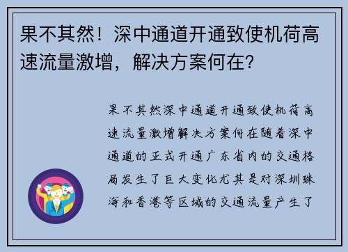 果不其然！深中通道开通致使机荷高速流量激增，解决方案何在？