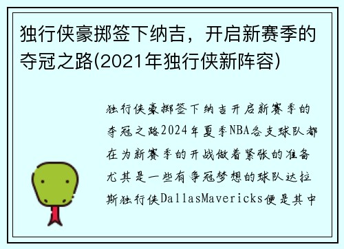 独行侠豪掷签下纳吉，开启新赛季的夺冠之路(2021年独行侠新阵容)