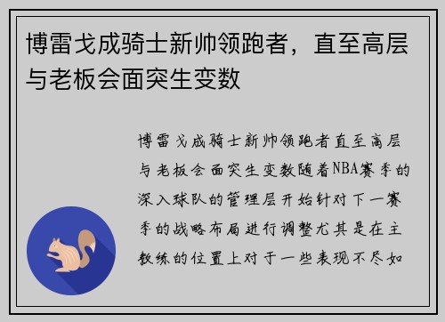 博雷戈成骑士新帅领跑者，直至高层与老板会面突生变数